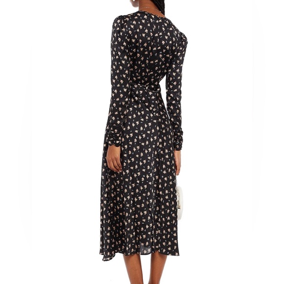 Maje ruffle trimmed ruched floral print satin midi dress - Picture 2 of 7